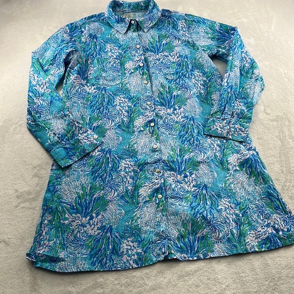 NWT Lilly Pulitzer XS Sea View Cover Up 100% Lagoon‎ Linen Long Sleeve Cover Up - Picture 1 of 9